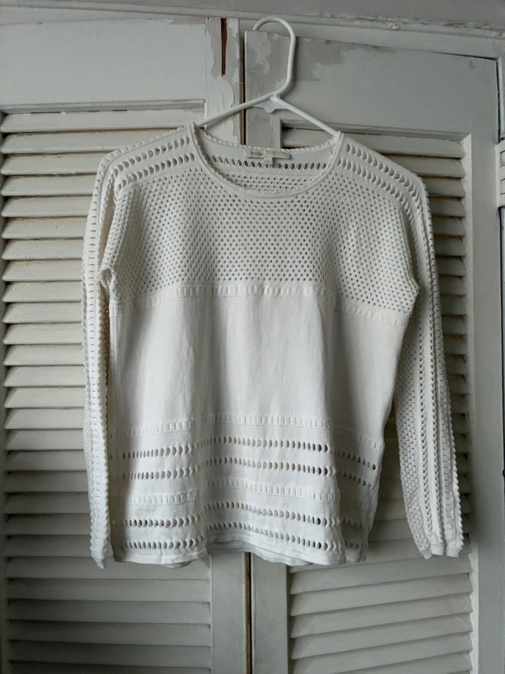 Maje White Open-Knit Long Sleeve Sweater